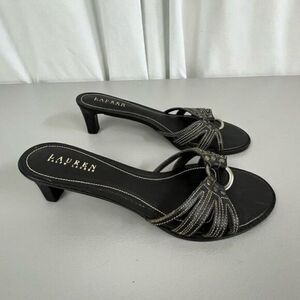 LAUREN RALPH LAUREN WOMENS SLIP ON HEELED SANDALS BLACK SIZE 9 1/2 B LEATHER